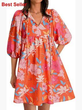 Floral Mini Babydoll Dress with Puff Sleeves and Pockets